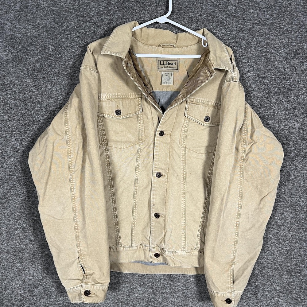 LL Bean Jacket Mens Large Tall Khaki Canvas Lined Corduroy Collar Chore Barn